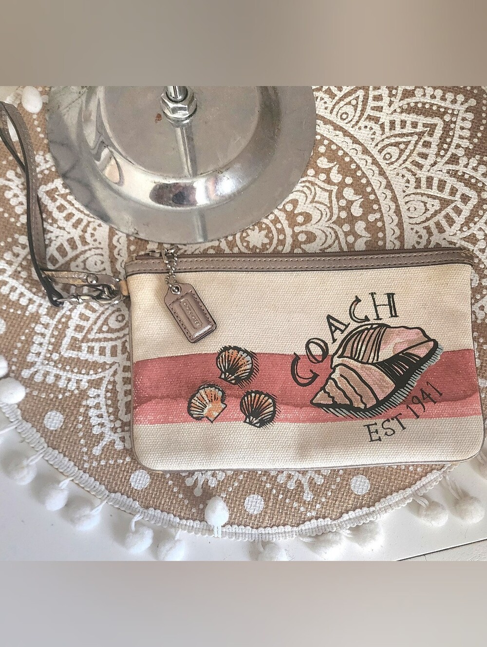 Coach Canvas Wristlet in Beige with Coral Stripe and Shell Motif Vintage